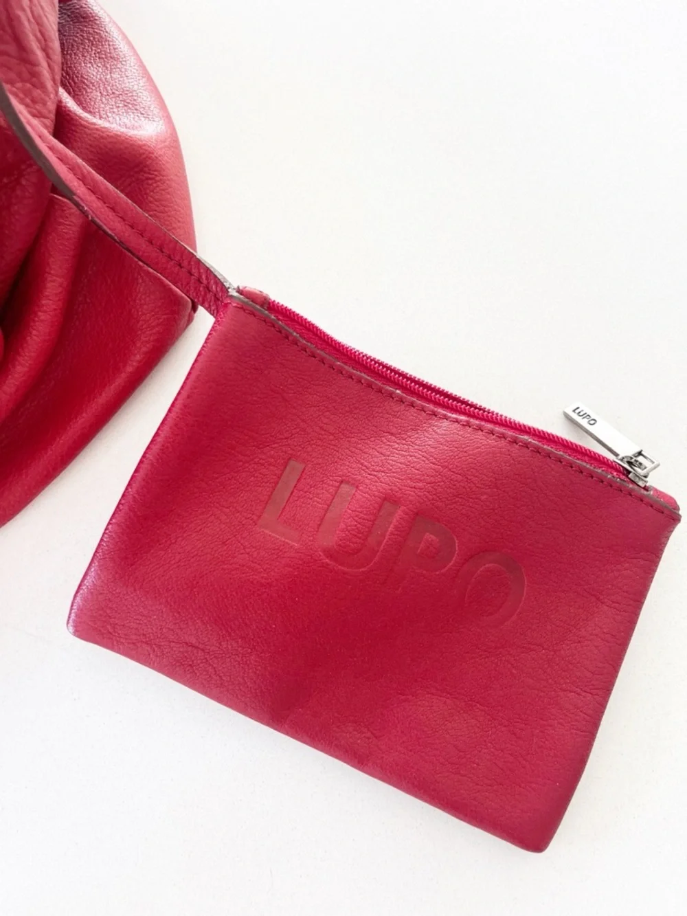 Lupo Barcelona Red Leather Braided Handle Hobo Shoulder Bag + Matching Zip Pouch